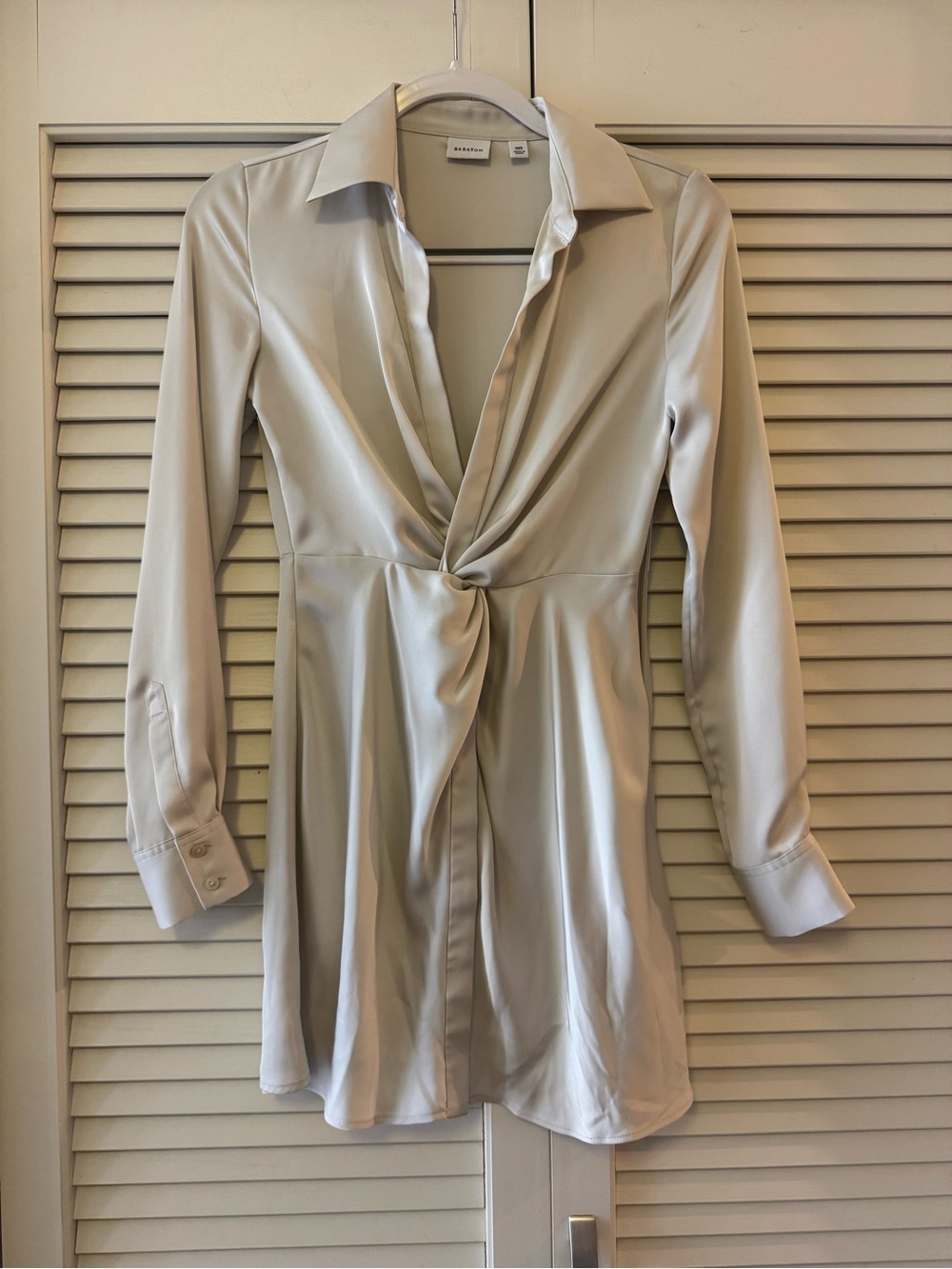 Babaton Twist-Knot Satin Shirt Dress in Light Cream
